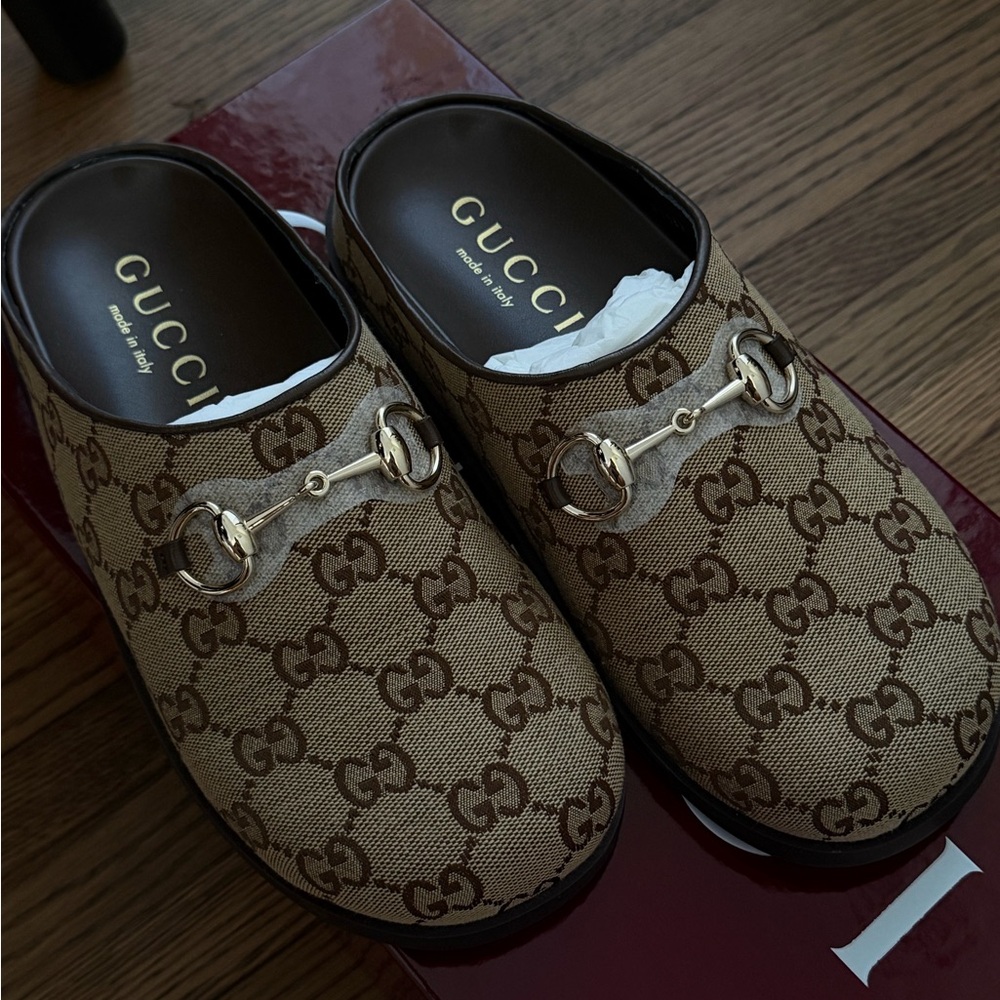 Gucci Beige/Brown GG Canvas Horsebit Slip-On Mules